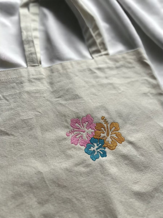 hibiscus flower embroidered tote bag