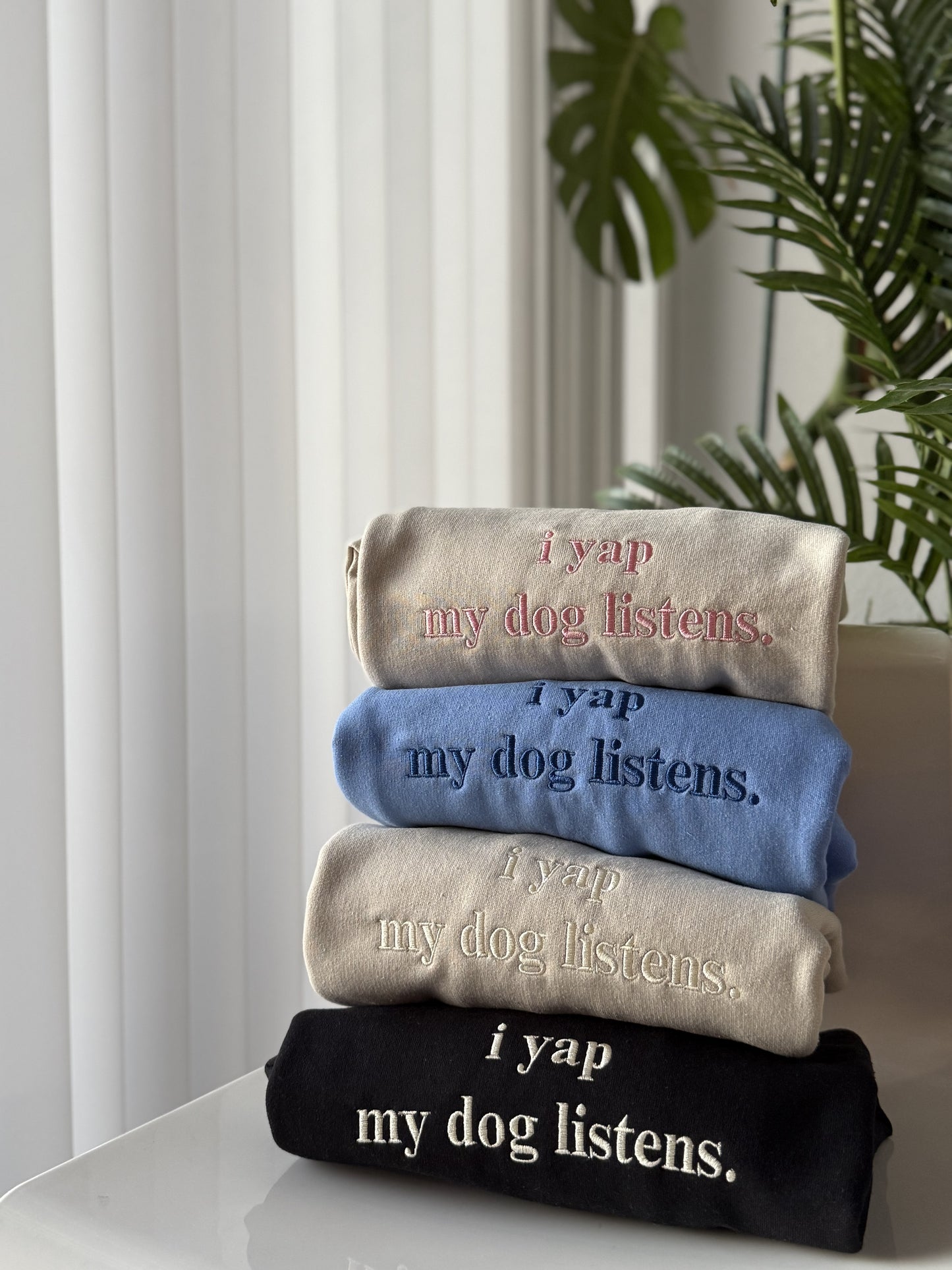 "i yap my dog listens" embroidered sweatshirt