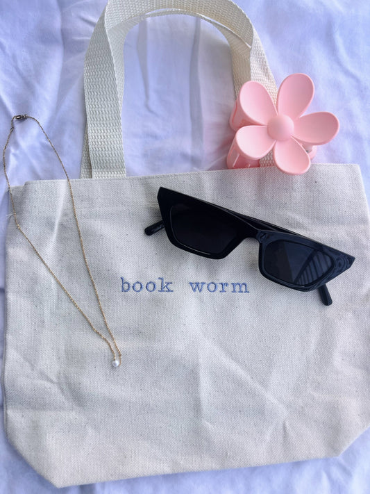 book worm embroidered mini tote bag