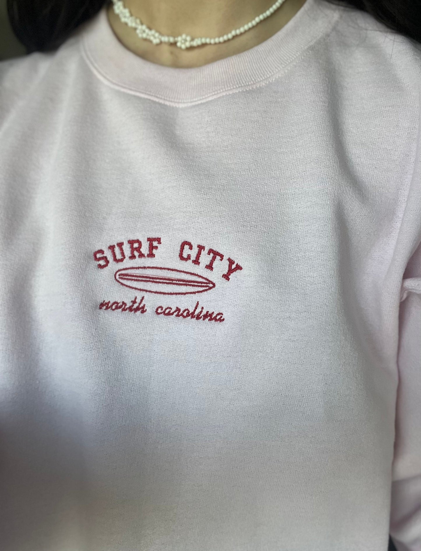 surf city north carolina embroidered crewneck