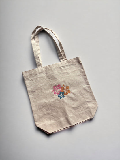 hibiscus flower embroidered tote bag