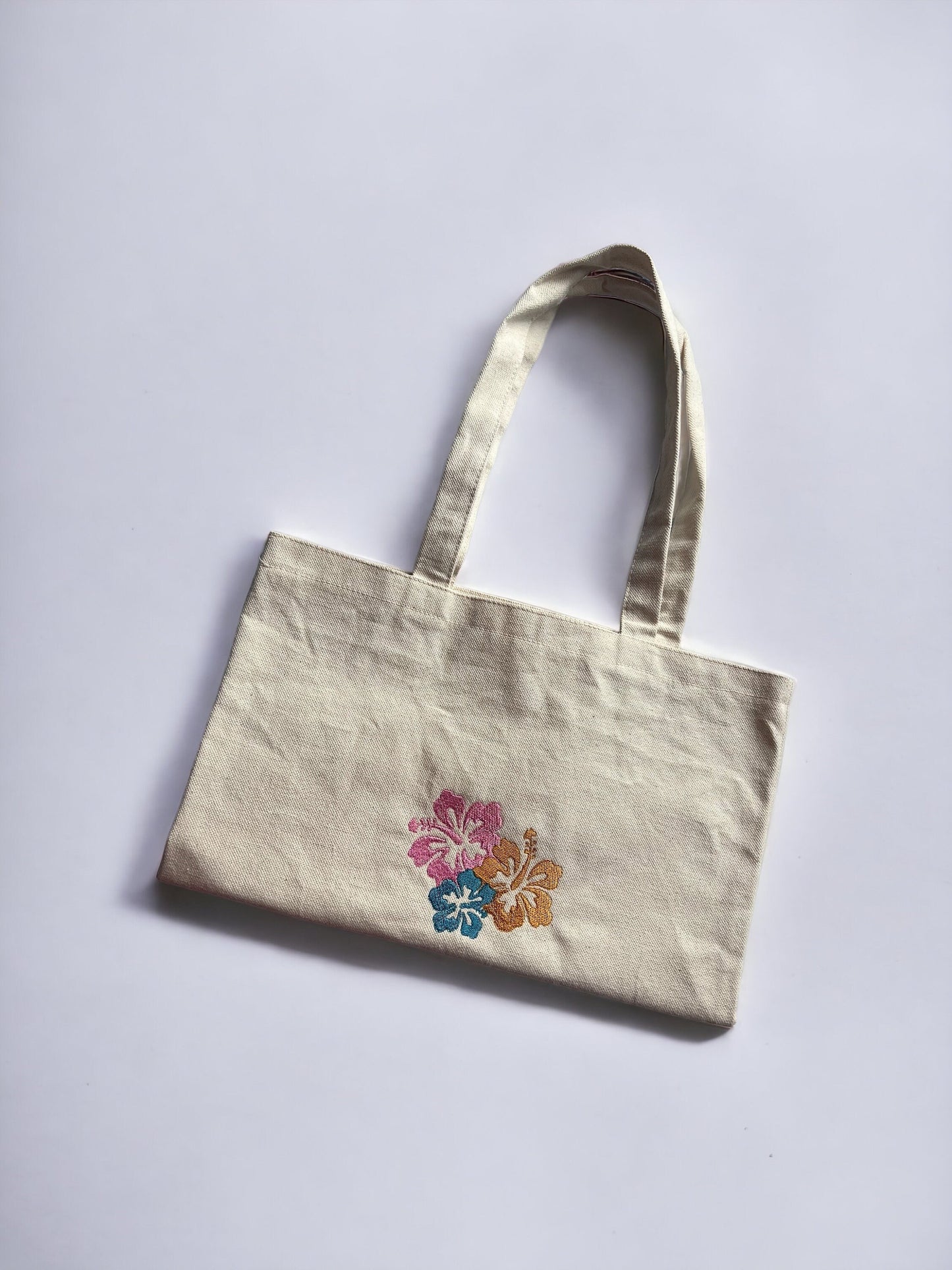 hibiscus flower embroidered tote bag