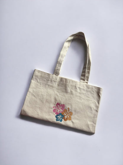 hibiscus flower embroidered tote bag