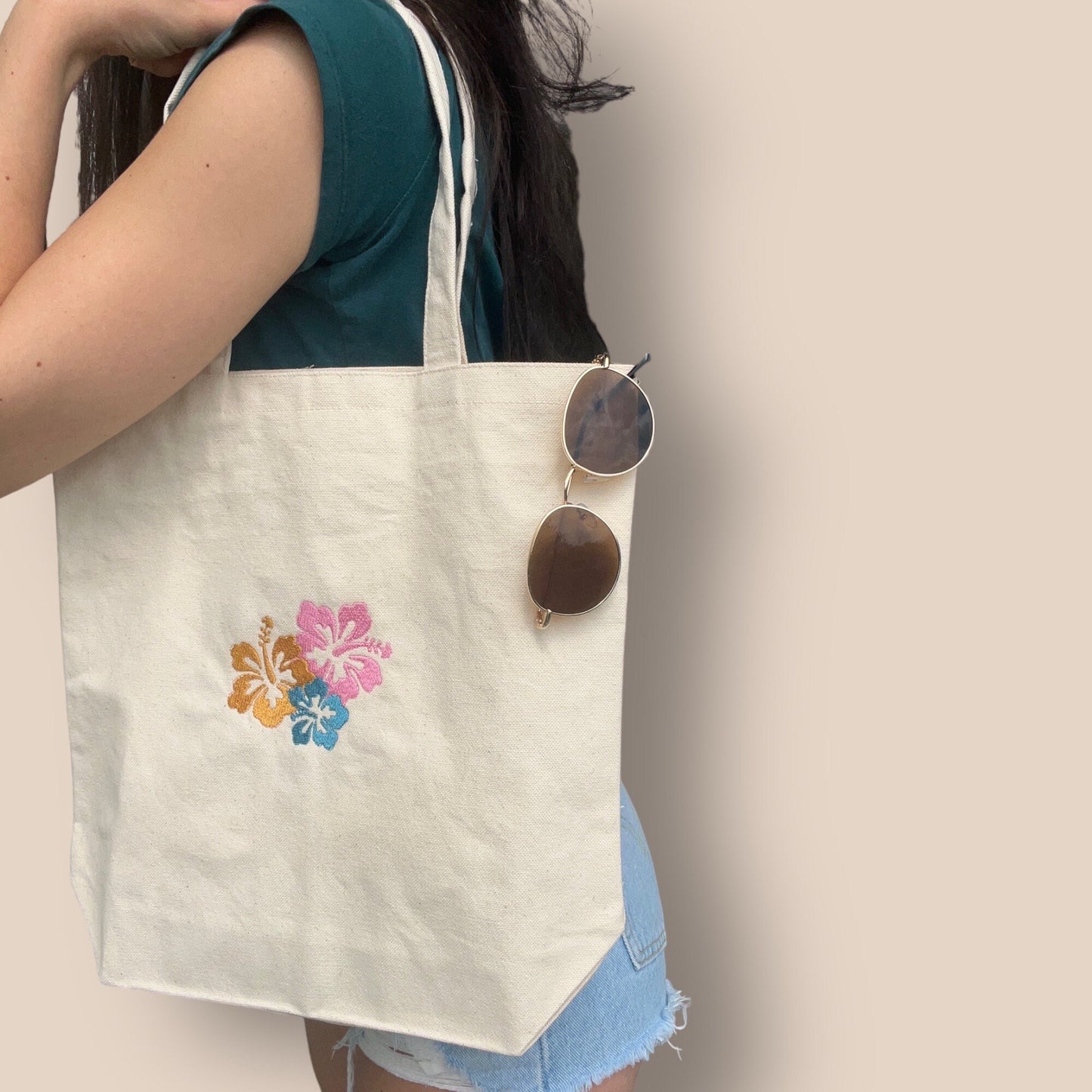 hibiscus flower embroidered tote bag